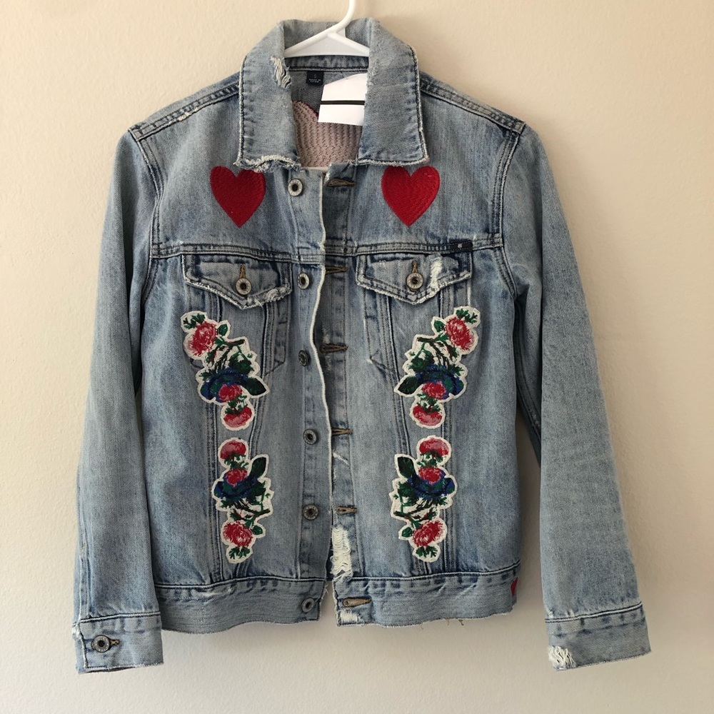 Lucky Brand Embroidered Flower Heart Denim Jacket